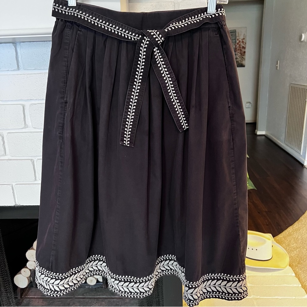 J. Crew Black Midi Skirt with White Embroidered Trim and Waist Tie